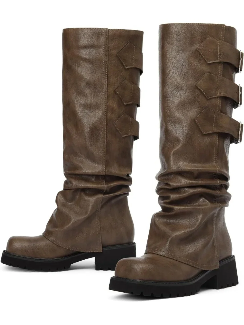 Women's Brown Block Heeled Square Toe Fold Over Knee High Moto Riding Boots